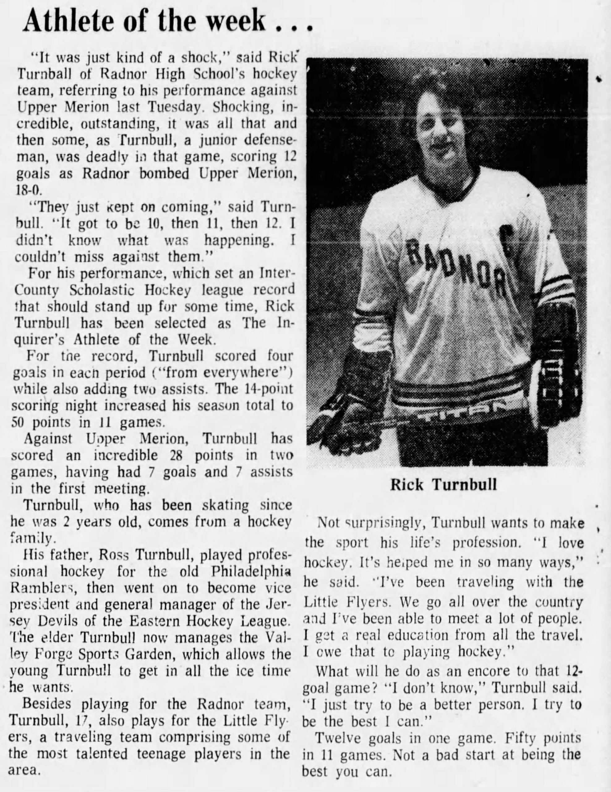 1978 Athlete of the week, Rick Turnbull - Flyers Cup History